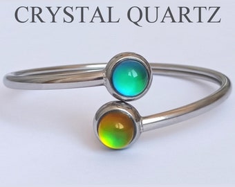 Twin Stars of the Garden of Seramis - Adjustable Mood Bangle - 8 mm - Stainless Steel - AAA Crystal Quartz - world premiere