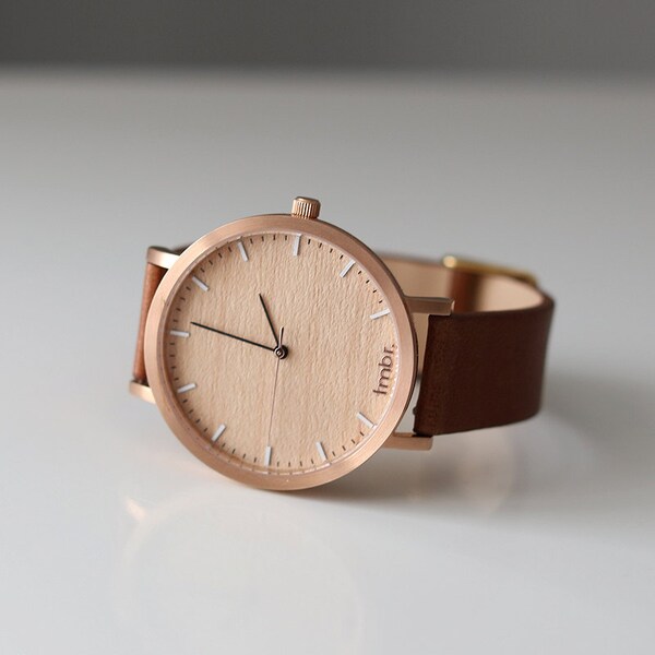 Womans Watch, Cherry Wood Rose Gold Watch, Brown Leather Strap - HELM-CR