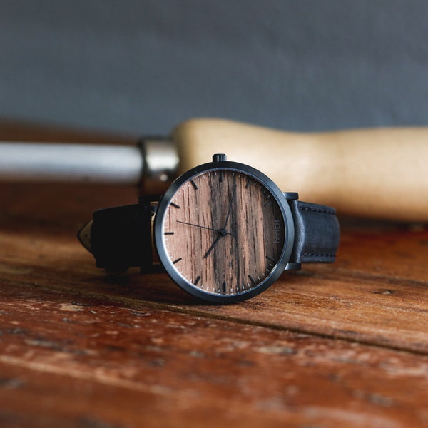 Men's Wood Watch Gift, Wood Watch For Men with Leather Strap, Husband Gift - HELM-SB