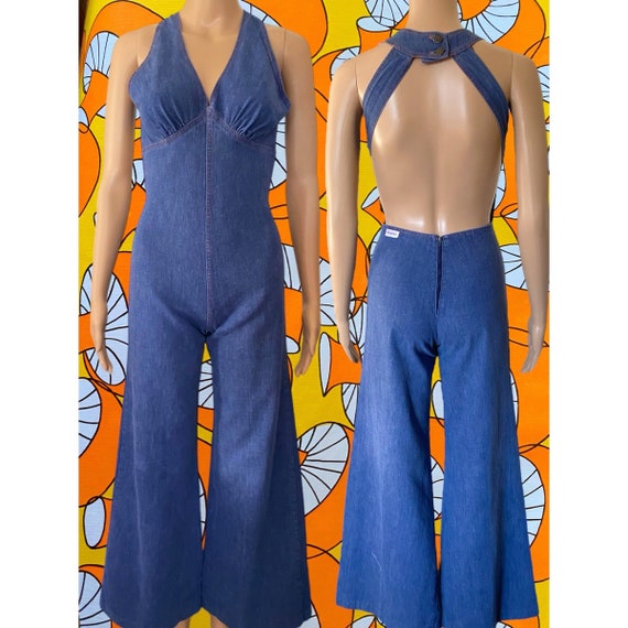 Rare 70s Bell Bottom Halter Jumpsuit Outrageous D… - image 1