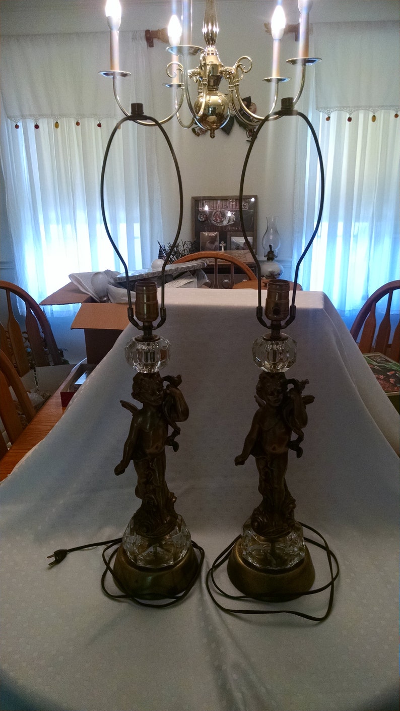 Vintage Antique Bronze Cherub Statue Victorian Table Lamps