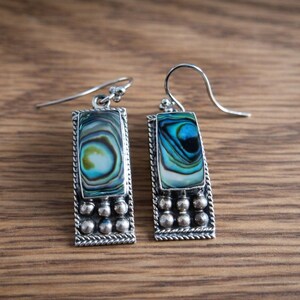 Vintage Burton Sterling Silver Abalone Earrings – Mother of Pearl Rectangular Dangles