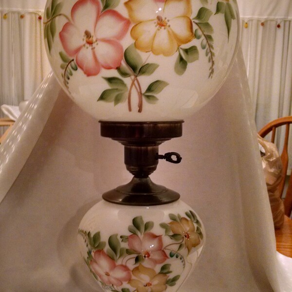 Vintage Milk Glass and Brass, Hand Painted Globe 3 Way Electric Table Lamp