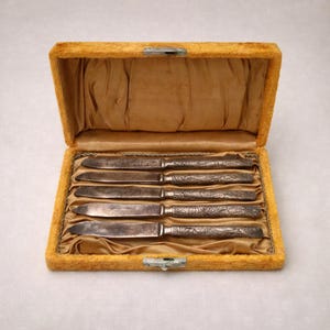 May include: A set of six antique silver knives in a velvet-lined box. The knives have ornate floral designs on the handles and are arranged neatly within the open, mustard-colored case. The box is closed with a silver clasp.