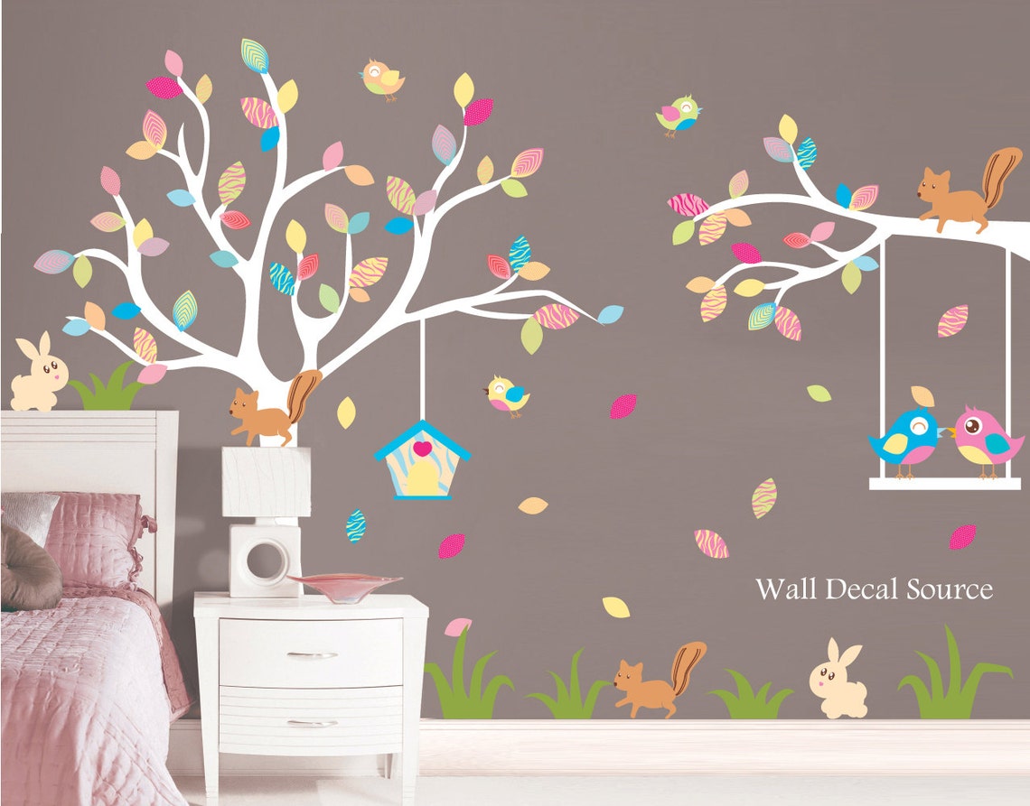 Nursery Wall Decal With Birdhouse BIrds Owls Swing Baby Etsy
