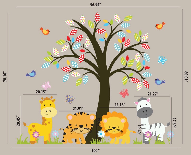 Nursery Tree Decal Zoo Animals Wall Decal Jungle Animal Etsy
