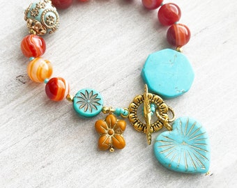 Turquoise Heart Orange Agate Bracelet, Bohemian Style, Gift for Her