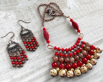 Red Beaded Bib Necklace and Chandelier Earrings Set - Bohemian Style Jewelry - Jewelry for her -Statement Jewelry - Boho Tribal Style Set