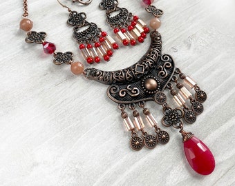 Red Necklace and Earrings Set Bohemian Romance Bazaar Beaded Jewelry Set Boho Style Jewelry Traveling World Desert Style