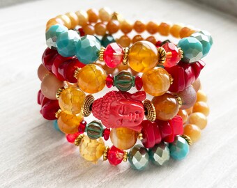 Memory Wire Bracelet, Perfect for Stacking, Fits  Almost Any Size Wrist Buddha Five Layers  Glass, Agate, Faux Coral, Gift for Her/Them