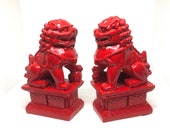 Pair Of Lacquered Red Chinoiserie Foo Dogs Foo Lions Statues Bookends