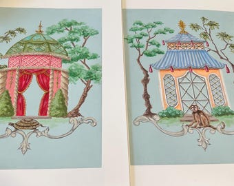 Pair Of Original Giclee Prints, “Monkey Pagoda And Turtle Folly” 16x12” Limited Edition By Linda Radakovich