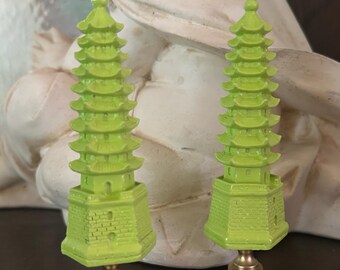 Pair Of Chinoiserie Lime Green Pagoda Lamp Finials 4 1/2” Tall