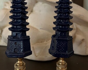 Pair Of Chinoiserie Navy Blue Pagoda Lamp Finials 4 1/2” Tall