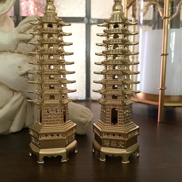 Chinoiserie Golden Pagoda Statues Asian Decorative Accessories 5 1/2” Tall - A Pair