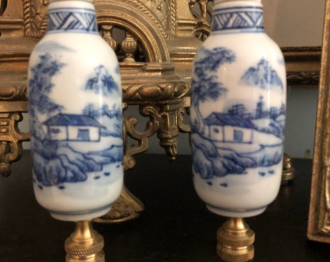 Ginger Jar Chinoiserie Lamp Finials Pair of Blue and White Porcelain Asian Home Decor Lighting
