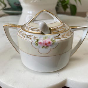Vintage Nippon Porcelain Condiment Mustard Jar Small Sugar Bowl With Spoin And Lid