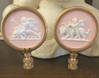 Intaglio Lamp Finials Greco Pink Roman Putti Cherubs Decorative Lighting Accessories, Dogs and Dolphin A Pair