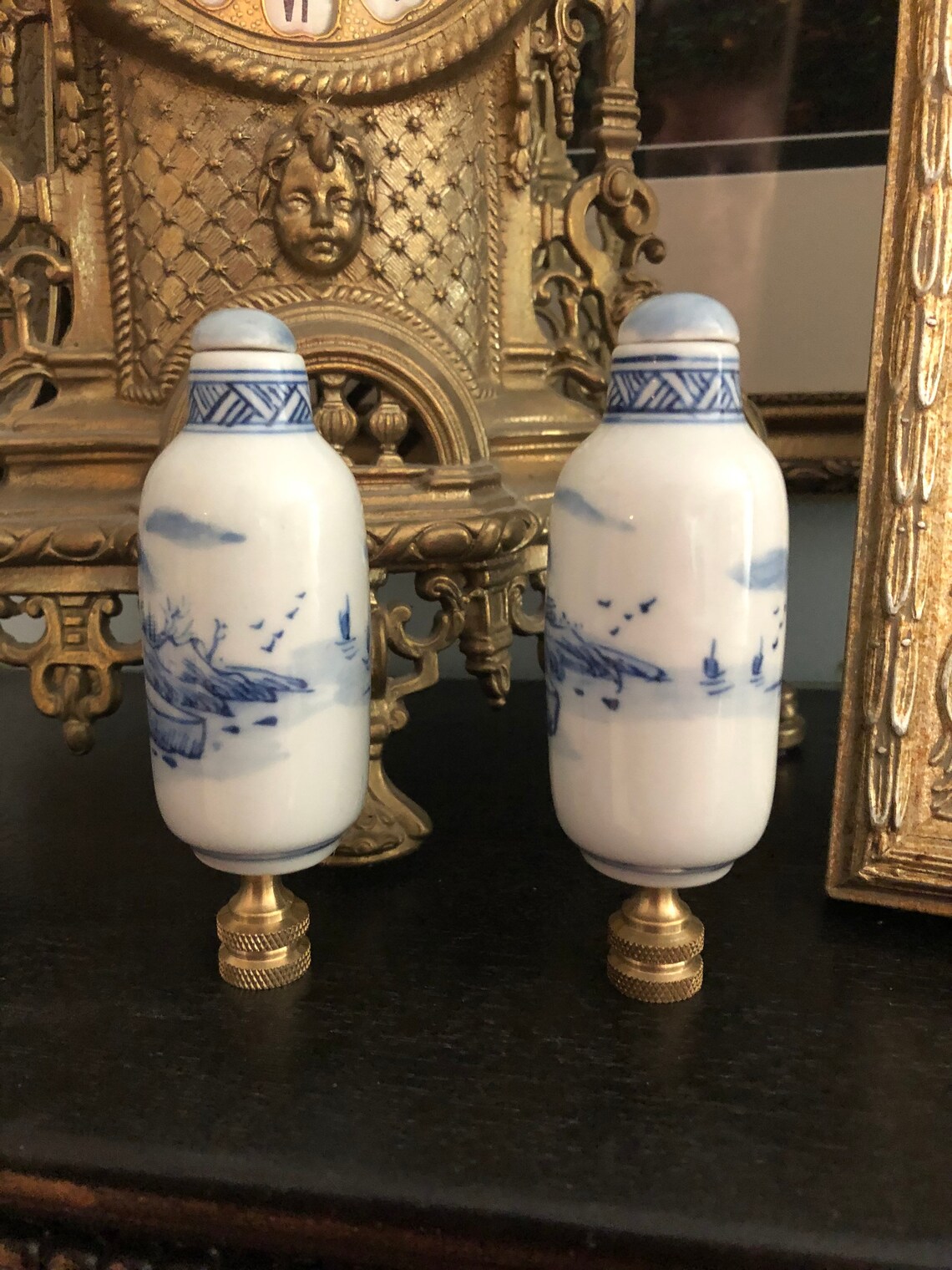 Ginger Jar Chinoiserie Lamp Finials Pair Of Blue And White Etsy