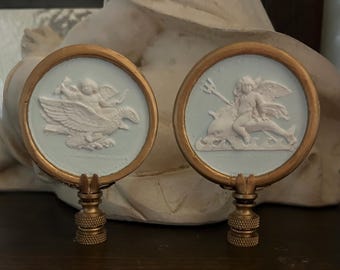 Intaglio Lamp Finials Greco Roman Putti Cherubs Decorative Lighting Accessories, Bird  and Dolphin Motif. *** A Pair***