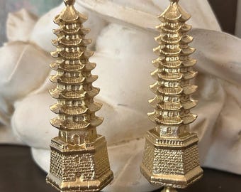 Pair Of Chinoiserie Gold Pagoda Lamp Finials 4 7/8” TALL  Decorative Lighting Accessories