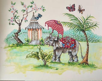 Giclee Print 14x11” Original Design By Linda Radakovich “Elephant And Pagoda” Chinoiserie Decor