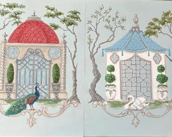 Pair Of Original Giclee Prints, “Swan Pagoda And Peacock Folly” 16x12” Limited Edition By Linda Radakovich