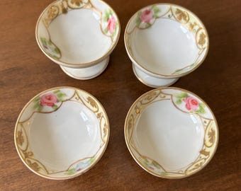 Set Of 4 Vintage Pedestal Porcelain Salt Cellars Butter Pats Hand Painted 2 1/8” Diameter Excellent Condition