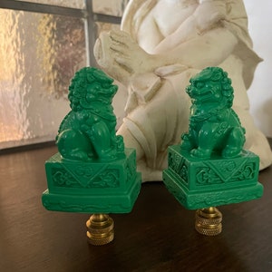 Chinoiserie Green Foo Dog Lamp Finials Asian Decor Lighting Accessories 3 5/8” Tall - A Pair
