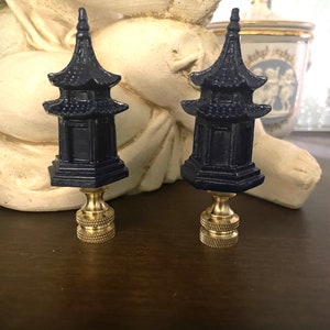 Chinoiserie Pagoda Lamp Finials Asian Decorative Lighting Accessories Navy Blue -A Pair