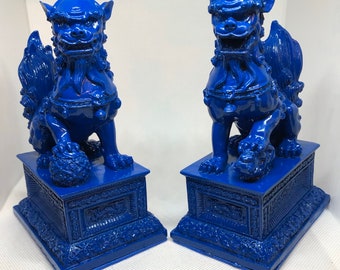 Chinoiserie Foo Dog Foo Lion Asian Statues A Pair Of Royal Blue