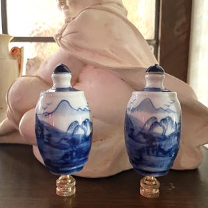 Pair Of Chinoiserie Porcelain Lamp Finials Blue And White Decorative Lighting Accessories. SALE!