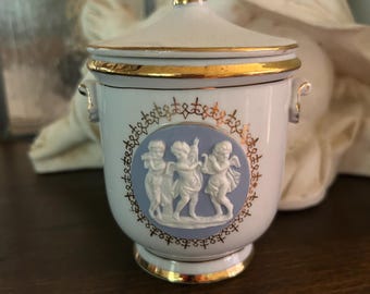Vintage Porcelain Lidded Cachepot With Jasperware Putti And Gold Trimmings