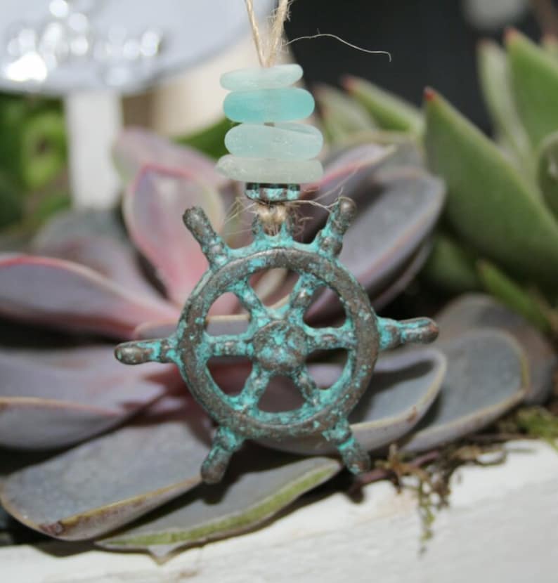 patina steering wheel chain trailer charm pendant Pearl set seaglass