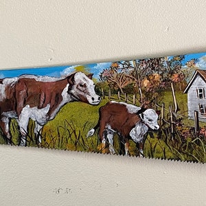 Hereford Cow Ranch with loop Old Two Story House and Hereford Cattle Scene painted on older vintage saw by Arkansas Artist.