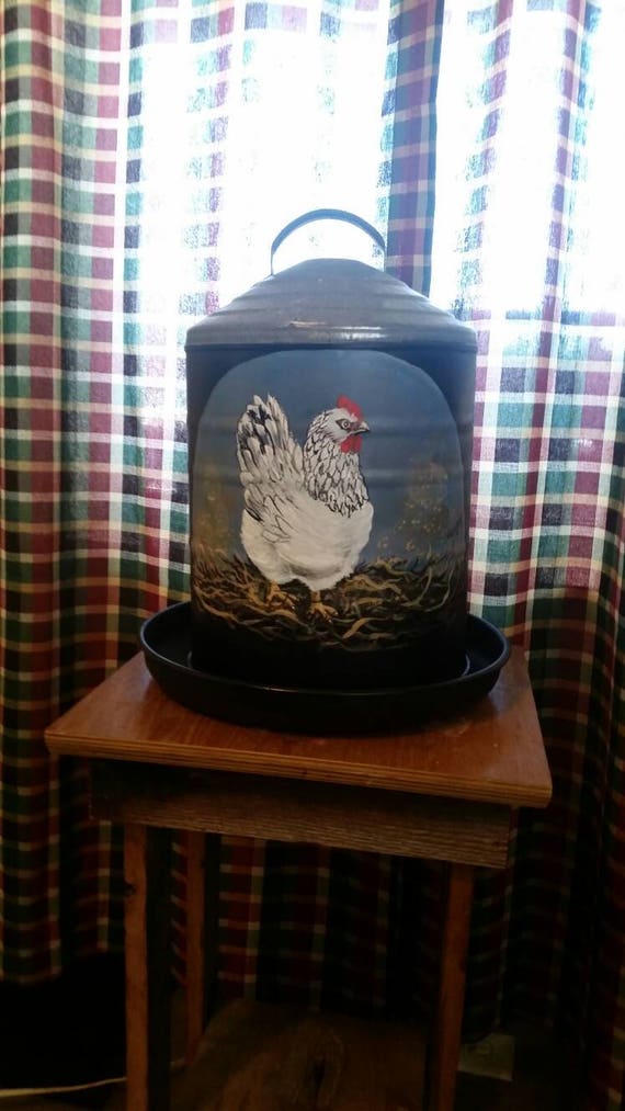 Painting Of White And Black Hen On Old Vintage Chicken Feeder Etsy