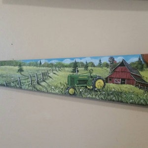 Farm Scene with John Deere Tractor in Foreground as well as.Barn , Fences, and flowers on extremely nice old Hand Saw.