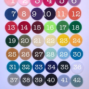 May include: A color chart featuring forty-two circular felt swatches arranged in a grid. Each circle is labeled with a white number from 1 to 42, showcasing a diverse palette of colors including pinks, reds, blues, greens, yellows, and neutrals.