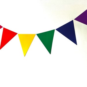 May include: A rainbow colored paper banner with triangular flags. The flags are red, orange, yellow, green, blue, and purple.
