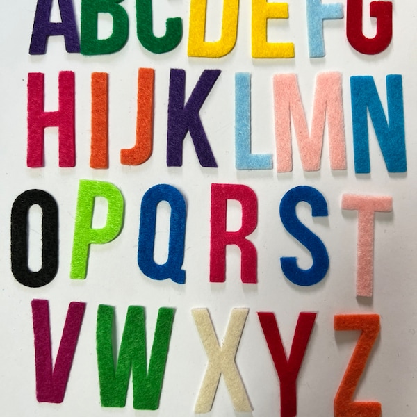 1.75 inch letters and numbers, Iron  on, No Sew Felt,  Upper Case Letters Alphabet and Numbers 26 colors to choose from.