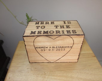 Here is to the memories, that we are still making. Names and date on front of wooden box. For weddings anniversary, birthday. lovers couples