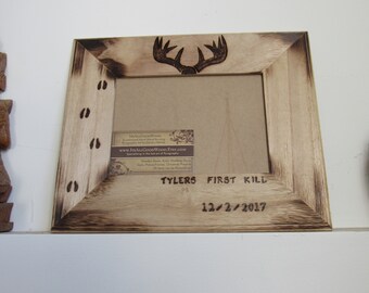 Hunting frame First kill frame Deer antlers and prints with name of Hunter.