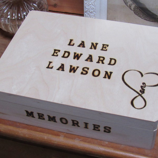 Full name Memory box with elegant heart shape design with name within. Large keepsake box.