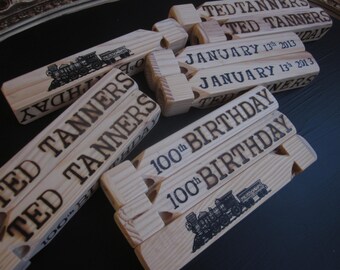 Party favors Set of 25 Wood burned Personalized Train Whistle wooden toy wedding favor custom you choose name