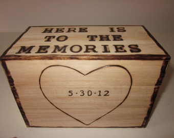 Personalized Memory box. Heart with Date pyrographed woodburned wooden box. wedding engagment anniversary gift. Here is to the memories