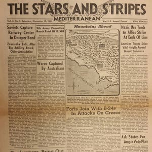 Mediterranean  Historic Stars and Stripes December 11th 1943  Soviets Capture Railway Center,  Wareo Captured by Australians
