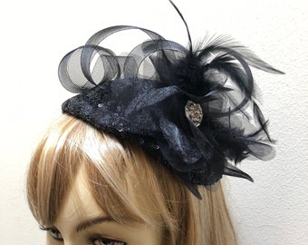 Small Black Hat with Feathers, Sequin Cocktail Hat, Church Hat