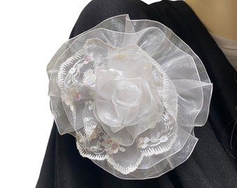 Large Organza White Flower Brooch, White Floral Hair Clip