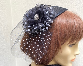 Black and White Polka Dot Fascinator, Polka Dot Small Hat, Black Derby Hat