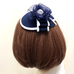 Navy & White Kippah: Sinamay Yarmulke with Organza Flower